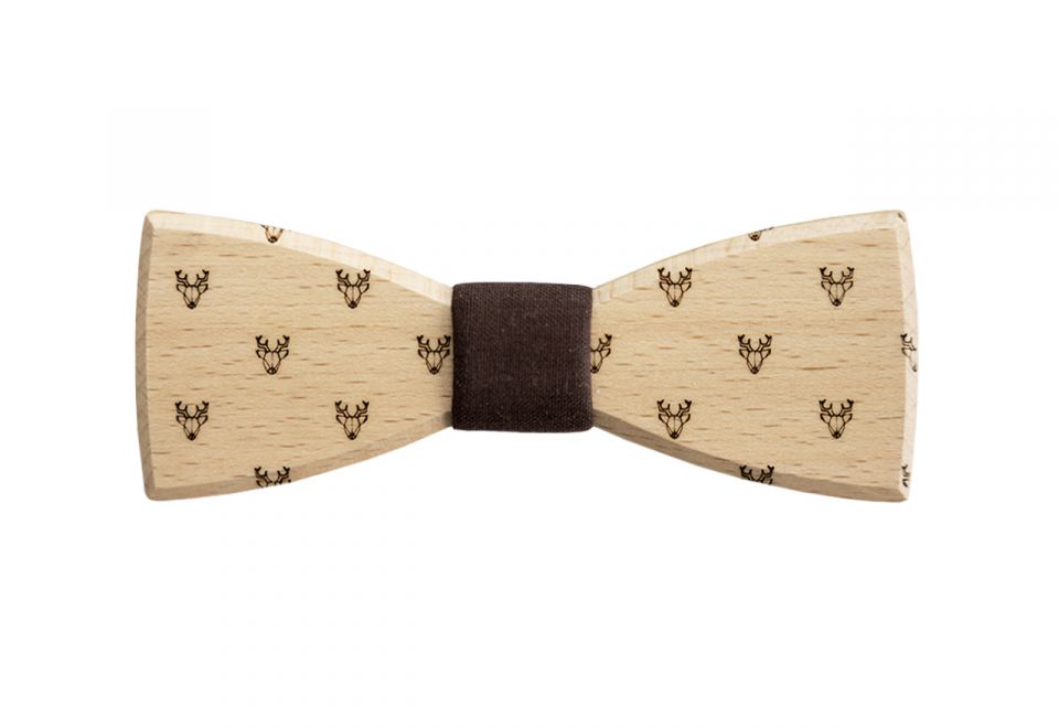 Holzfliege aus Buche mit originellem Hirsch Design und braunem Stoffteil