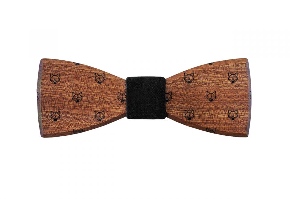 Holzfliege aus Mahagoni mit originellem Fuchs Design und schwarzem Stoffteil
